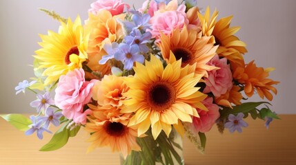  a vase filled with lots of colorful flowers on top of a wooden table with a white wall in the background.