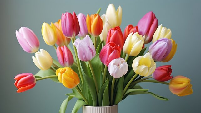  a vase filled with lots of colorful tulips on top of a wooden table next to a blue wall.