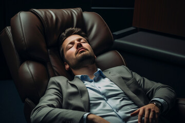Fototapeta premium Man's world. A man in shirt and jacket, lounges in a leather chair, embodying the essence of relaxation and leisure
