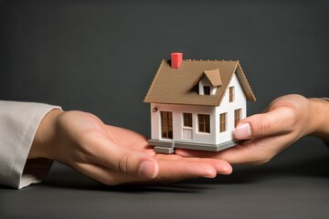 Close up unrecognizable Caucasian male female homeowner real estate agent hands holding small house home architectural model offering client indoors black gray background. Investing property mortgage