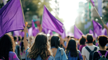 Women protesting with purple flags in a city avenue