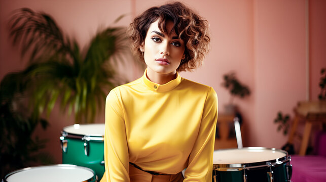 Woman looking at camera wearing a yellow sewater on a drumps background