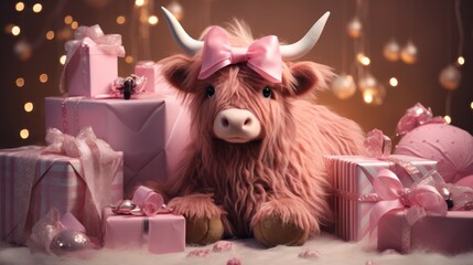 Obraz na płótnie Canvas a stuffed cow with a pink bow sitting in front of a pile of gift boxes and wrapped presents with lights in the background.