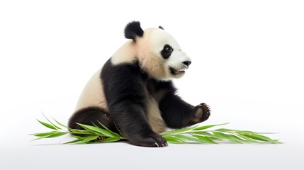  a black and white panda bear sitting on top of a green leafy plant on a white background in front of a white backdrop.