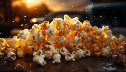 Gourmet candy glowing in dark movie theater generated by AI