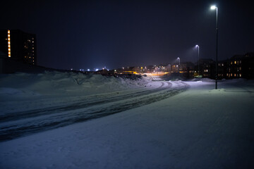 Night view of a road in Nuuk, during the Arctic winter - Greenland