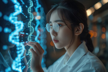 young asian woman working with futuristic transparent interface - obrazy, fototapety, plakaty