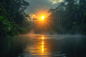sunrise in a foggy tropical rainforest during river flood - obrazy, fototapety, plakaty