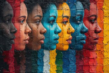 background, mural with colorful faces symbolizing unity and diversity
