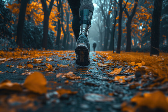 legs of an athlete with futuristic prosthesis jogging in the park