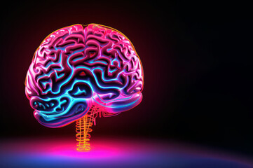 brain 3d render in pink blue neon color light isolated on black background banner copy space right. Learning and education. Technology, business, logic and creativity. AI concept.