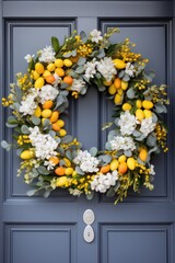 Fototapeta na wymiar eco spring white yellow easter wreath decor on pastel gray blue door of suburban house