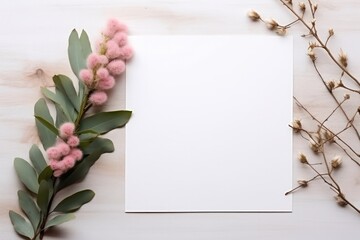 minimal spring flowers and eucalyptus with empty white paper mock up template