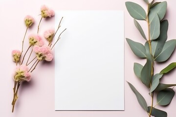 minimal spring flowers and eucalyptus with empty white paper mock up template - obrazy, fototapety, plakaty