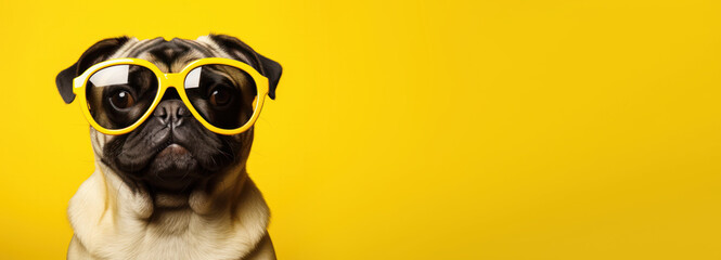 cute funny pug dog or puppy in glasses on yellow background banner copy space right