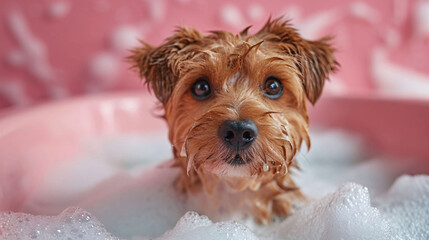 Pomeranian dog bathing in pink bathtub at home, work from home, take care your pet at house, spa for animal by myself concept, funny face dog ear up look forward