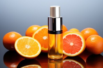 vitamin c serum bottle with cut oranges on minimal gray background. Product cosmetics ad poster mockup.