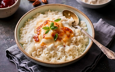 Capture the essence of Arroz Con Leche in a mouthwatering food photography shot