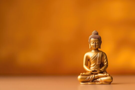 Mahavir Jayanti, bronze figure of the deity, The Lord Buddha, golden background, place for text, banner