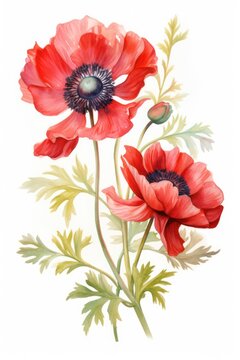 red anemones or poppies watercolor illustration isolated on white background