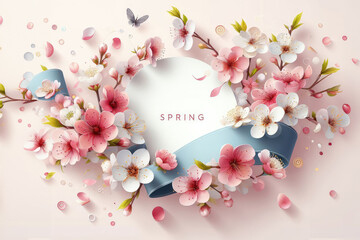 Phrase Hello spring on pastel background with flowers, frame of flowers, spring holiday greetings - obrazy, fototapety, plakaty