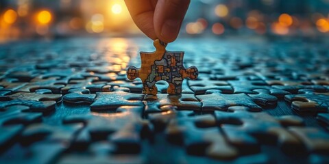 Final Piece of the Puzzle: A Hand Placing the Last Jigsaw Piece as the Sun Sets, Symbolizing Completion and Success, Generative AI
