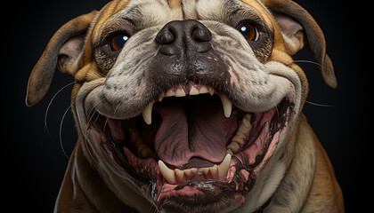 Cute bulldog puppy looking at camera, playful and smiling generated by AI - obrazy, fototapety, plakaty