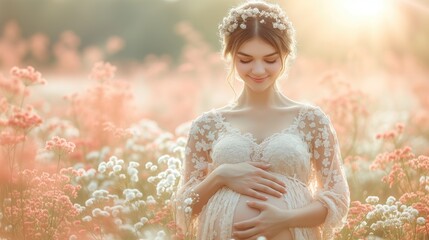 pregnant woman in a flower field, beauty and anticipation of pregnancy, pregnancy photography