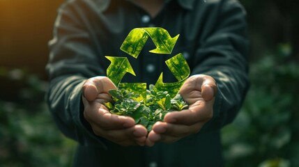 Bio circular, Green economy, Businessman protect circular economy icon. Sustainable strategy approach to eliminate waste and pollution for future growth of business and environment