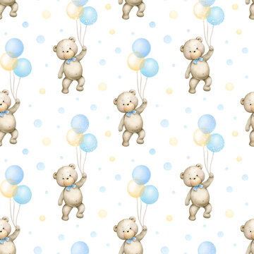 Teddy bear with blue balloons. Watercolor hand painted seamless pattern for baby.