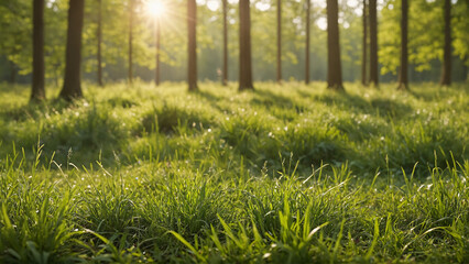 Fototapeta na wymiar The background trees frame a field of grass, kissed by the sun's rays and enhanced by an anamorphic lens flare