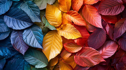 Color gradient made of colorful autumn leaves. Top view of colorful autumn foliage with copy space....