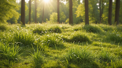 The background trees frame a field of grass, kissed by the sun's rays and enhanced by an anamorphic lens flare - obrazy, fototapety, plakaty