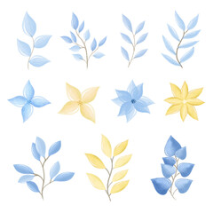 Watercolor blue and yellow flowers and leaves set