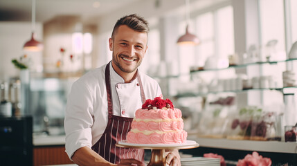 Male pastry chef has baked delicious cakes with pink cream and stands in front of the restaurant. Bakery shop with delicious treats for Valentine's Day for lovers or for a wedding. - Powered by Adobe