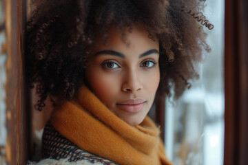 African American young woman with curly hair in warm clothes