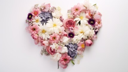  a heart - shaped arrangement of flowers arranged in a heart - shaped arrangement on a white background with pink, purple, and white flowers.