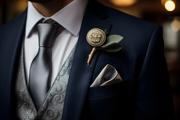 Detail of the groom's boutonniere, male bridal accessory of flowers