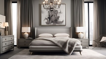  a bedroom with a large bed and a chandelier hanging over the headboard and a painting on the wall.