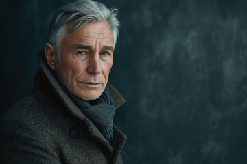 Fototapeta premium calm elderly gray haired male in elegant coat looking at camera against dark background