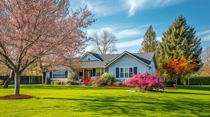 Clean exterior home with lush green grass yard, trees in bloom, and flowering bushes during spring time season