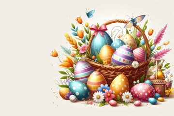 Obraz na płótnie Canvas Cartoon easter basket with painted eggs and spring flowers. Wicker basket full of chocolate egg, springtime holiday gift hampers. Illustration of easter basket for holiday