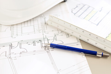 Architecture plans and architect supplies background. Selective focus