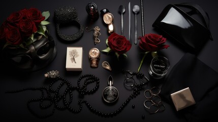  a table topped with lots of different types of jewelry and a red rose sitting on top of a black table.