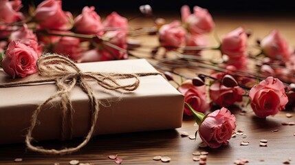 Valentine's Day sustainable gift wrapping, eco-friendly materials such as brown kraft paper, natural twine, and green foliage accents - obrazy, fototapety, plakaty