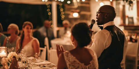 A man giving a speech at a wedding reception. Generative AI.