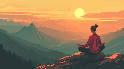 Illustration of a woman practicing meditation, yoga, and relaxation in her calm mountains, with tranquility, peaceful mind, well-being, and serenity - Generated by Generative AI
