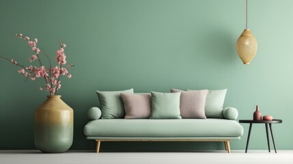  a living room with a couch, table, and vase with flowers in it and a green wall in the background.