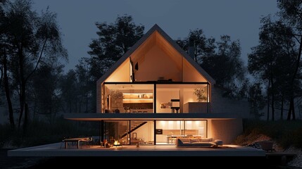Cross section of house full of light in the night, 3d illustration
