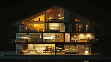 Cross section of house full of light in the night, 3d illustration - obrazy, fototapety, plakaty